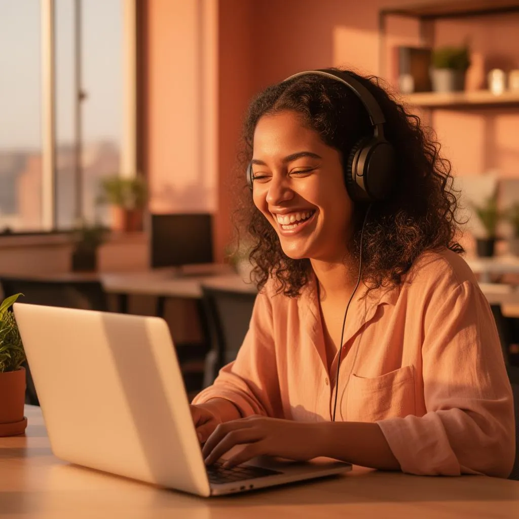 Profissional sorrindo enquanto trabalha em laptop em ambiente acolhedor